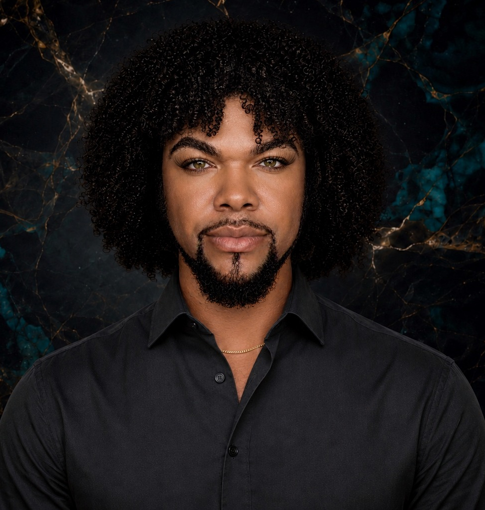 Author Jaylen Jaymes in a black shirt against a black, gold, and turquoise marble background