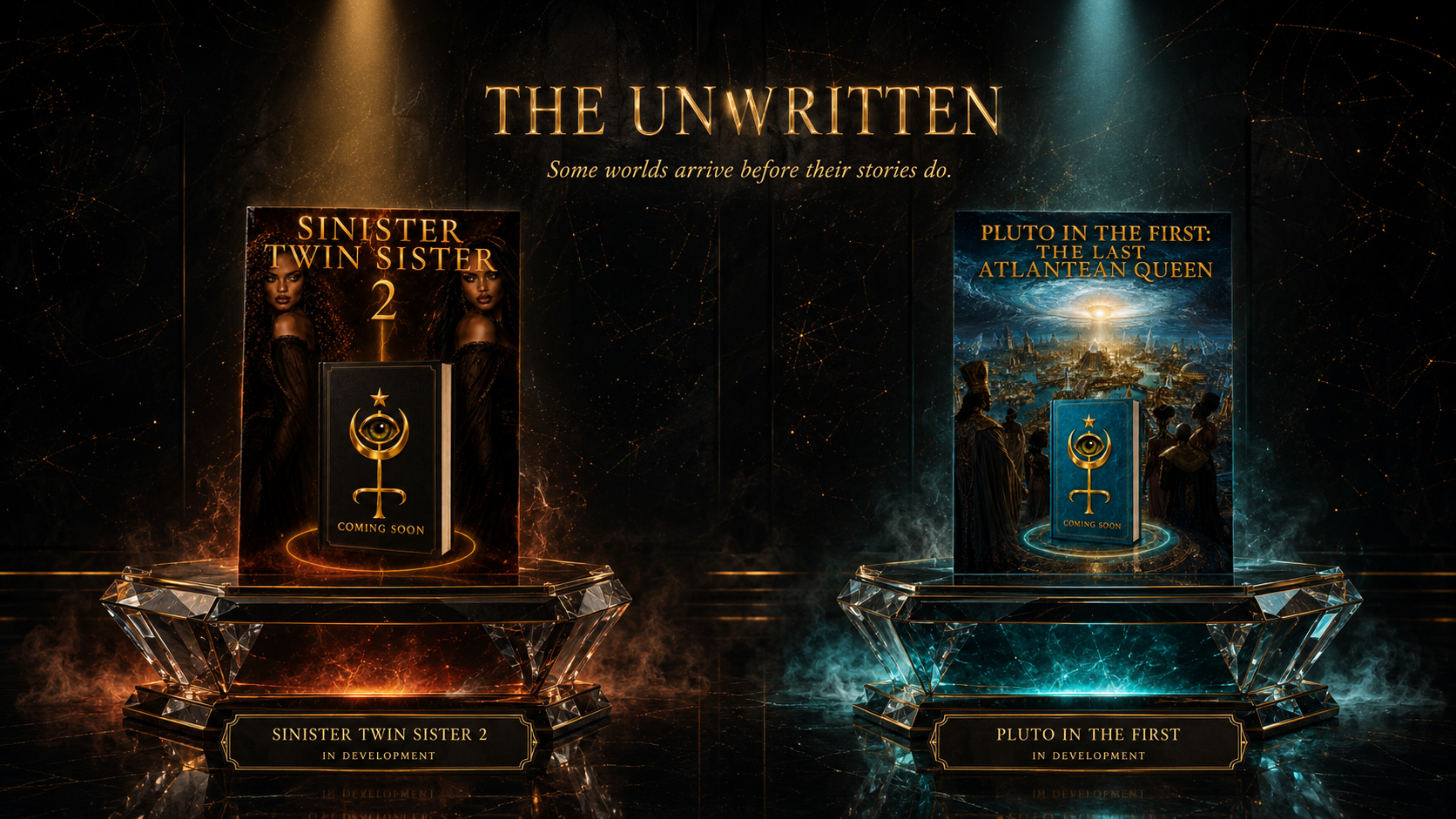 A smoky obsidian gallery with two illuminated crystal-and-gold reliquary tables